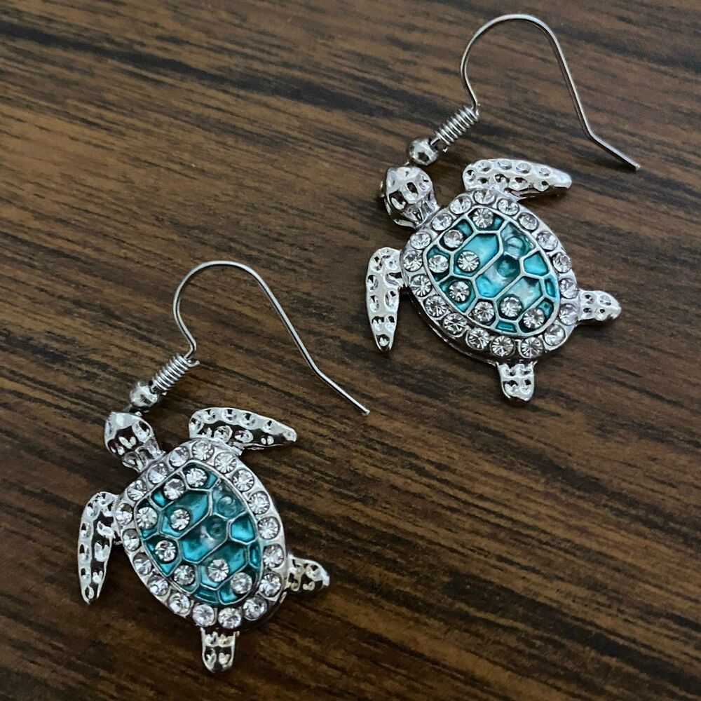 Sea Turtle Aqua Enamel Hook Earrings Silver Tone White Rhinestones Beach Cruise